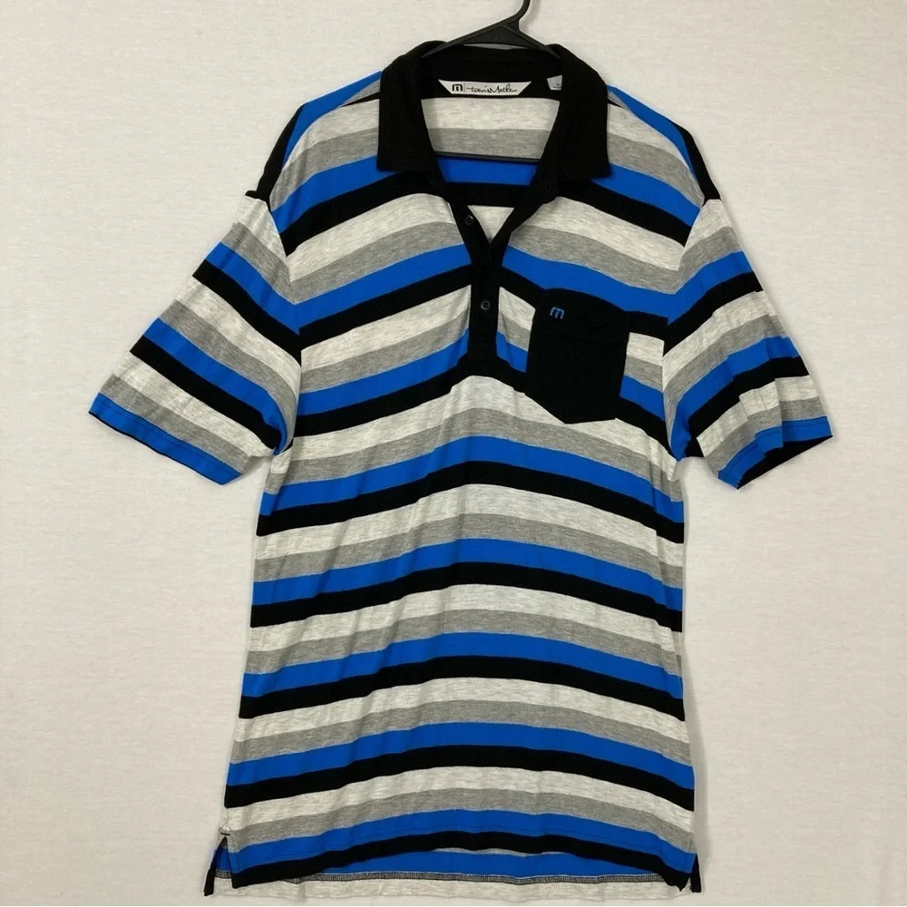 Travis Mathew‎ Blue Black Striped Ultra Soft Stretch Polo Shirt Medium